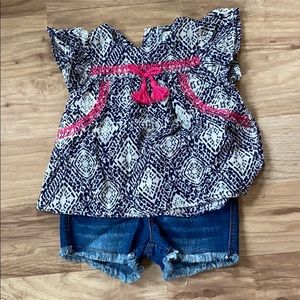 Jessica Simpson outfit. Top and frayed jean shorts